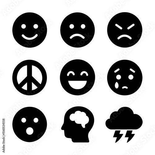 Emotional Icons Grid. Solid, filled icon set of emotional contrast: happy face, sad face, anger icon, peace symbol, laughter icon,