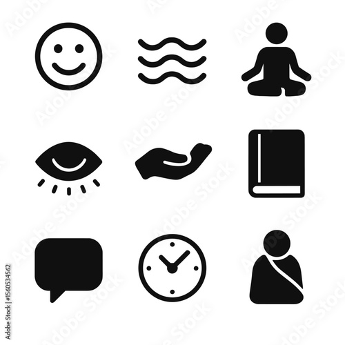 Emotional Safety Icons. Solid, filled icon set of Emotional safety: smiley face, calming waves, meditation pose, closed eyes,