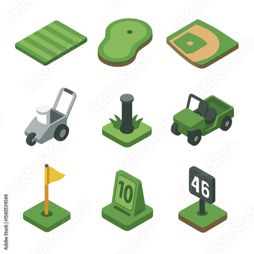 Sports Field Icons. Isometric Flat icon set of turf and sports field components: soccer field stripes, golf green, baseball