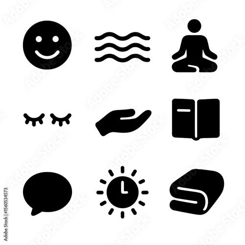 Emotional Safety Icons. Solid, filled icon set of Emotional safety: smiley face, calming waves, meditation pose, closed eyes,