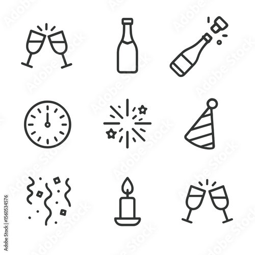 New Year's Eve Icons. Outline icon set of Toasting with champagne at midnight: clinking glasses, champagne bottle, cork popping,