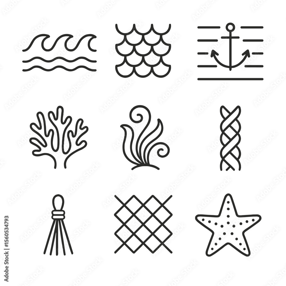 Fototapeta premium Ocean Icon Patterns. Outline icon set of ocean-inspired textiles and patterns: wave motif, fish scale, anchor stripe, coral