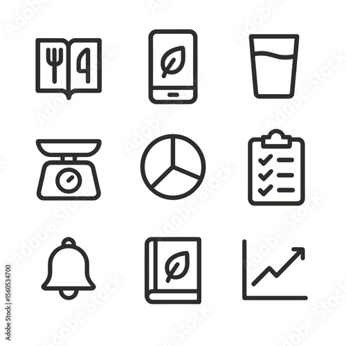 Nutrition Tracking Icons. Outline icon set of nutrition tracking tools: meal journal, calorie counter app, water tracker, food