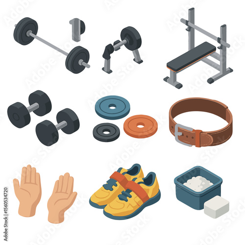 Strength Training Icons. Isometric Flat icon set of strength training program: barbell with weights, squat rack, bench press,