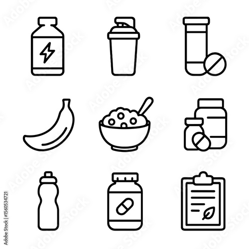 Endurance Nutrition Icons. Outline icon set of nutrition for endurance athletes: energy gel, protein shake, electrolyte tablet,