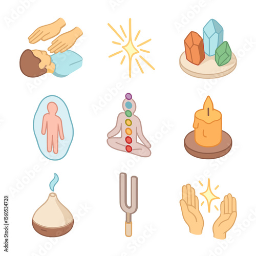 Energy Healing Icons. Isometric Flat icon set of energy healing techniques: reiki hand positions, energy light rays, crystal