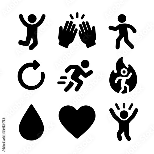 Energetic Icon Grid. Solid, filled icon set of energetic movement and fun: jumping person, high five, swing arms, spin icon, run