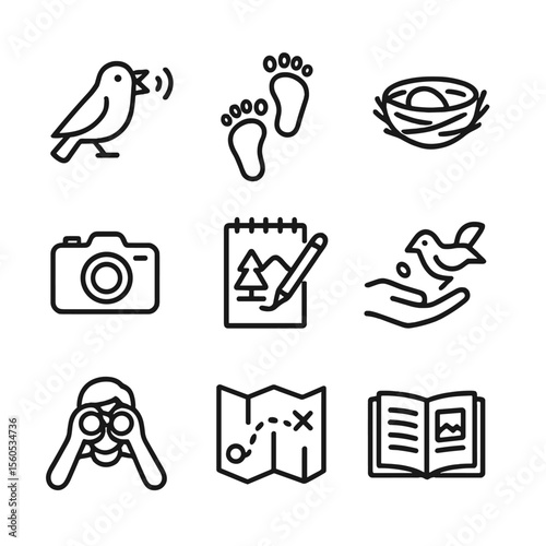 Observation Icon Set. Outline icon set of observation activities: bird call, tracking footprints, nest monitoring, photography,