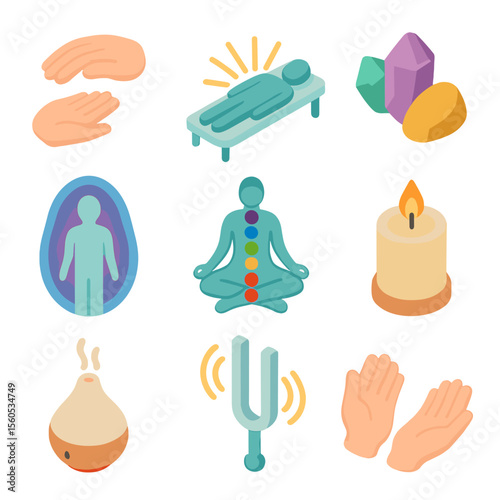 Energy Healing Icons. Isometric Flat icon set of energy healing techniques: reiki hand positions, energy light rays, crystal