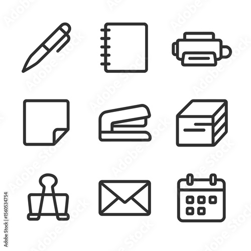Office Supplies Icons. Outline icon set of office supplies audit: pen, notebook, printer toner, sticky note pad, stapler, paper