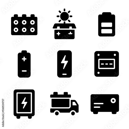 Energy Storage Icons. Solid, filled icon set of energy storage systems: battery pack, solar battery, charge level icon, lithium