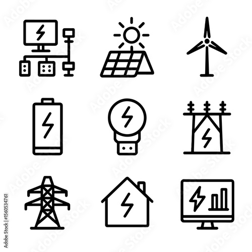 Energy Management Icons. Solid, filled icon set of energy management: smart grids, solar panels, wind turbines, battery storage,