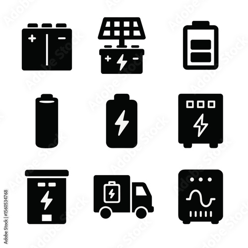 Energy Storage Icons. Solid, filled icon set of energy storage systems: battery pack, solar battery, charge level icon, lithium