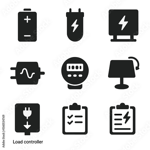 Energy Management Icons. Solid, filled icon set of energy storage and management: battery, supercapacitor, energy management