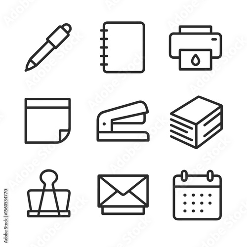 Office Supplies Icons. Outline icon set of office supplies audit: pen, notebook, printer toner, sticky note pad, stapler, paper