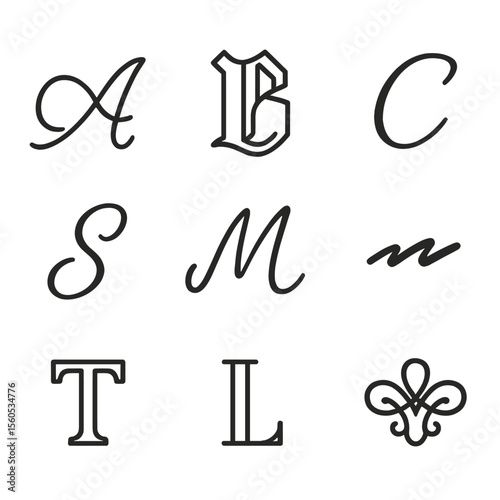 Stylized Letter Icons. Outline icon set of hand lettering and script styles: cursive “A” flourish, Gothic “B” letter, copperplate