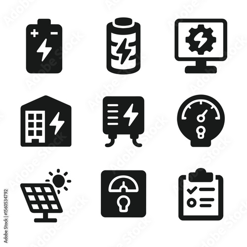 Energy Management Icons. Solid, filled icon set of energy storage and management: battery, supercapacitor, energy management