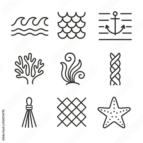 Ocean Icon Patterns. Outline icon set of ocean-inspired textiles and patterns: wave motif, fish scale, anchor stripe, coral
