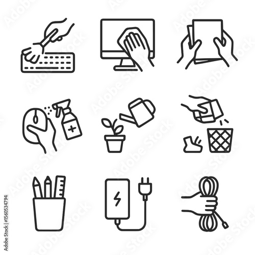 Office Tidy Icons. Outline icon set of desk and office tidying: dusting keyboard, wiping monitor, organizing papers, sanitizing