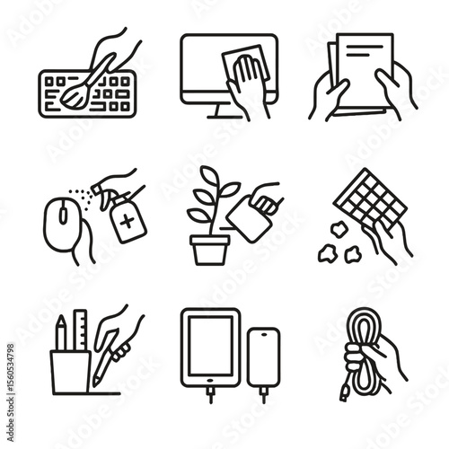 Office Tidy Icons. Outline icon set of desk and office tidying: dusting keyboard, wiping monitor, organizing papers, sanitizing