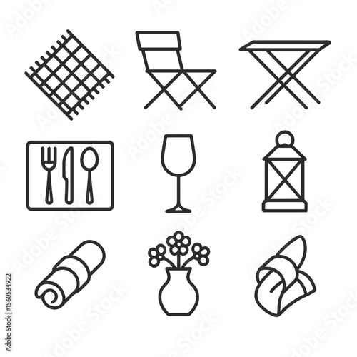Outdoor Dining Icons. Outline icon set of al fresco table settings: picnic blanket, folding chair, portable table, placemat,