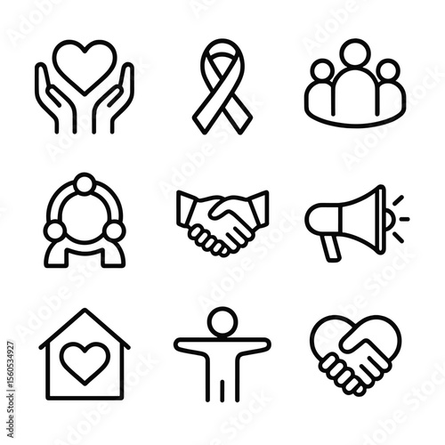 Support Icons Collection. Outline icon set of support and allyship: hands holding heart, ally ribbon, support group circle,