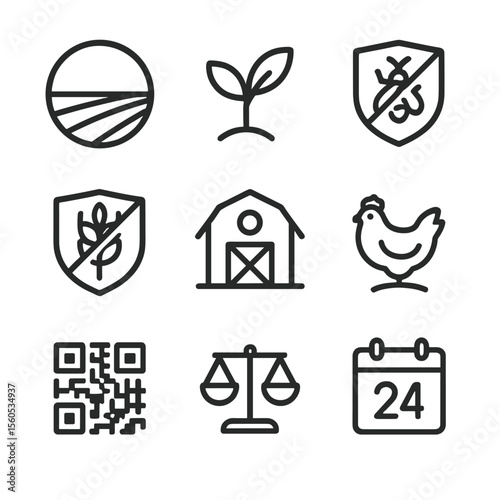 Organic Certification Icons. Outline icon set of organic food certification stamps: USDA organic seal, non-GMO sprout,