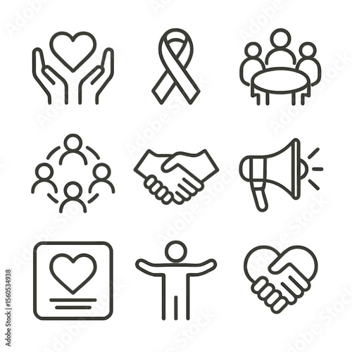 Support Icons Collection. Outline icon set of support and allyship: hands holding heart, ally ribbon, support group circle,