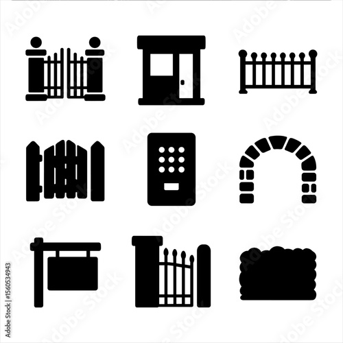 Estate Entrance Icons. Solid, filled icon set of estate entrances and fences: stone pillar gate, security booth, estate fence,