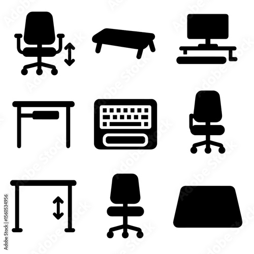 Ergonomic Desk Icons. Solid, filled icon set of ergonomic writing desk features: adjustable chair, footrest, monitor stand,
