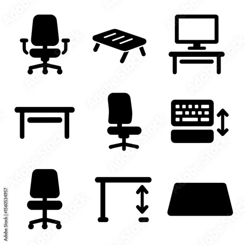 Ergonomic Desk Icons. Solid, filled icon set of ergonomic writing desk features: adjustable chair, footrest, monitor stand,