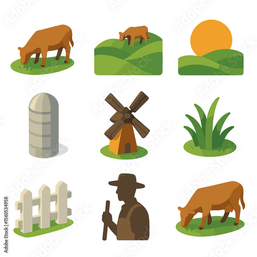 Sunset Cattle Icons. Isometric Flat icon set of cattle grazing on rolling hills at sunset: cattle, rolling hill, glowing sun, silo