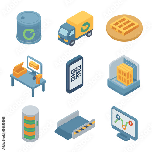 Supply Chain Icon Set. Isometric Flat icon set of circular supply chain logistics: closed-loop container, reverse logistics truck,
