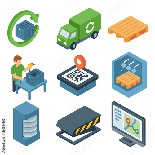 Supply Chain Icon Set. Isometric Flat icon set of circular supply chain logistics: closed-loop container, reverse logistics truck,