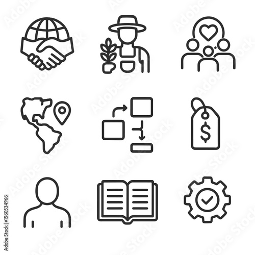 Ethical Sourcing Icons. Outline icon set of ethical sourcing labels: handshake over globe, local farmer icon, community support