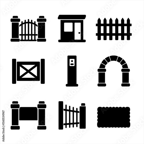 Estate Entrance Icons. Solid, filled icon set of estate entrances and fences: stone pillar gate, security booth, estate fence,