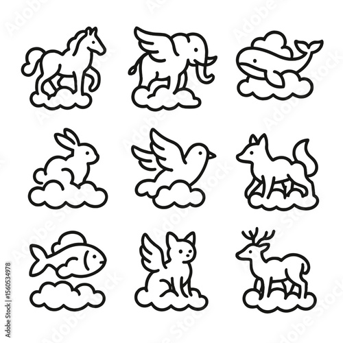 Surreal Cloud Creatures. Outline icon set of surreal cloud animals: cloud horse, winged elephant, floating whale, sky bunny,