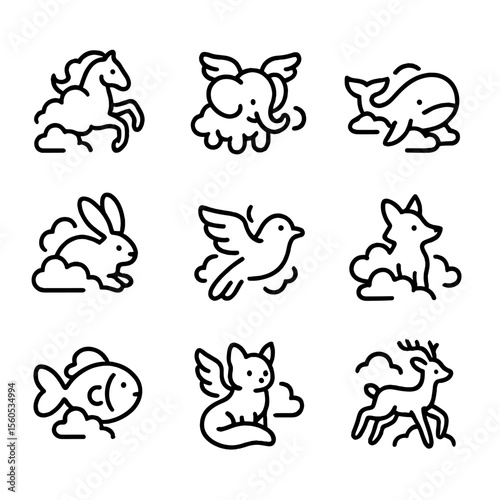 Surreal Cloud Creatures. Outline icon set of surreal cloud animals: cloud horse, winged elephant, floating whale, sky bunny,