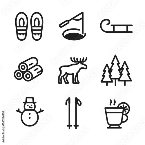 Outdoor Lodge Icons. Outline icon set of outdoor lodge activities: snowshoe tracks, ice fishing hole, sled ride, firewood stack,