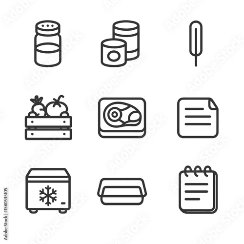 Pantry Inventory Icons. Outline icon set of restaurant pantry inventory: spice jar, canned goods, vegetable crate, meat pack,