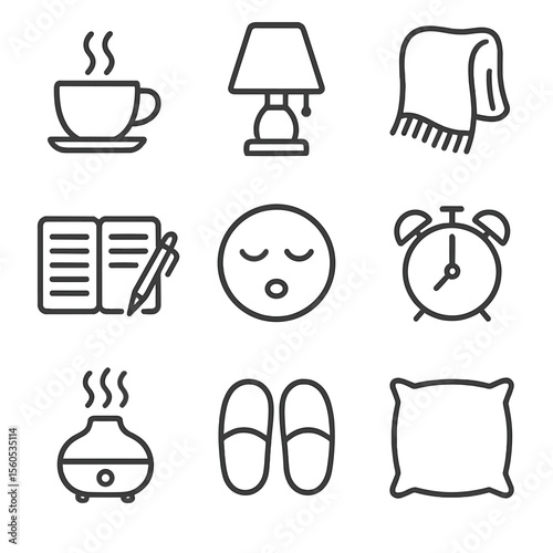 Evening Relaxation Icons. Outline icon set of evening relaxation routine: warm tea cup, dim lamp, cozy blanket, journal with pen,