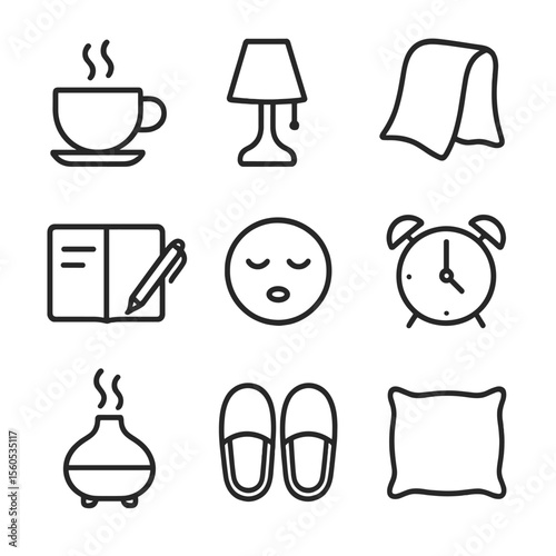 Evening Relaxation Icons. Outline icon set of evening relaxation routine: warm tea cup, dim lamp, cozy blanket, journal with pen,