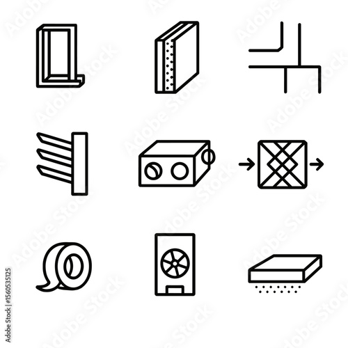 Passive House Icon Set. Outline icon set of passive house components: triple-glazed window, super-insulated wall, thermal