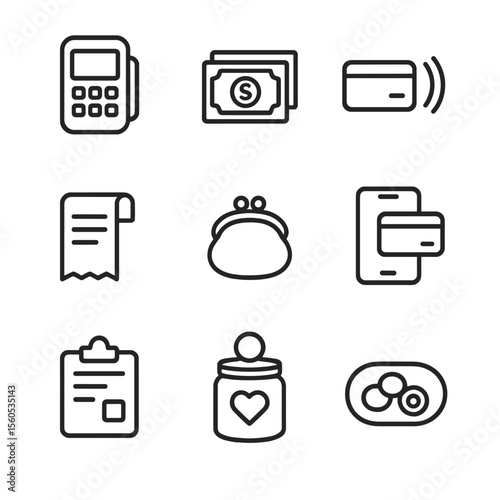Payment Icon Set. Outline icon set of payment and transactions: credit card reader, cash stack, contactless tap, receipt roll,