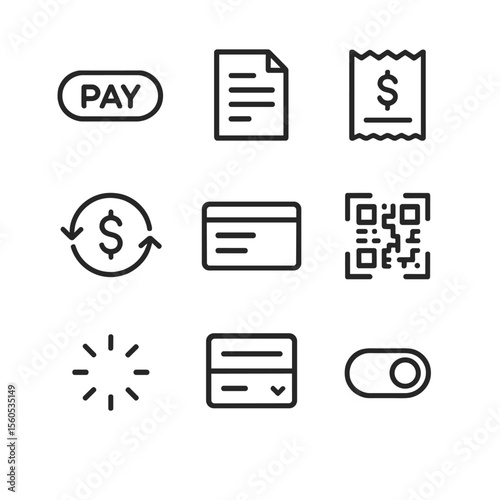 Payment UI Icon Set. Outline icon set of payment UI elements: pay button, invoice, receipt, transaction history, payment form, QR
