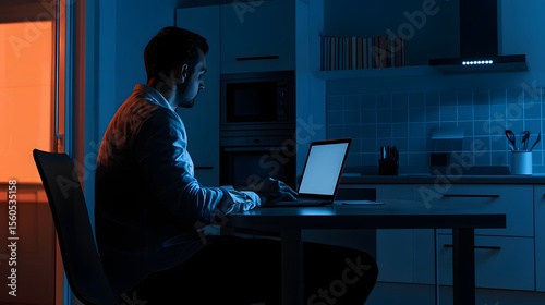 A man works late at night in a dimly lit kitchen.