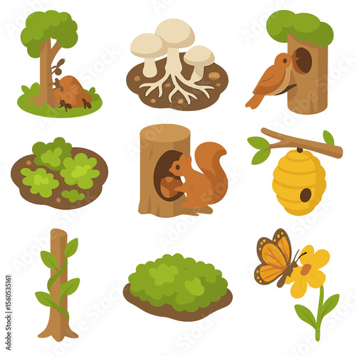 Symbiotic Forest Icons. Isometric Flat icon set of symbiotic forest relationships: ant colony on tree, fungus mycelium base, bird