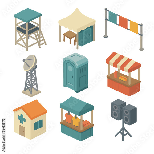 Event Facilities Icons. Isometric Flat icon set of event infrastructure and facilities: judges’ tower, VIP tent, sponsor banners,