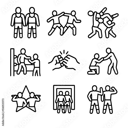 Tag Team Wrestling Icons. Outline icon set of tag team wrestling: two wrestlers, double clothesline, tandem suplex, tag corner,
