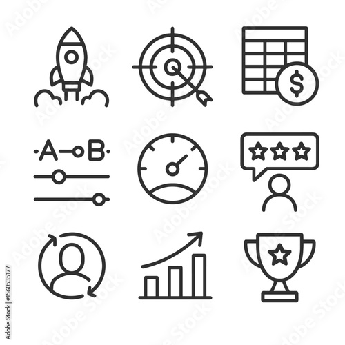 Performance Tracking Icons. Outline icon set of launch and performance tracking: rocket launch, target bullseye, budget
